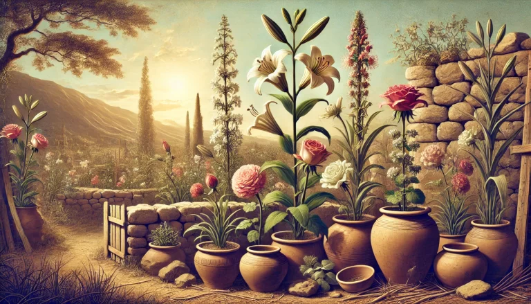 Flores na bíblia como lírios e rosas em um jardim antigo com clima sereno.