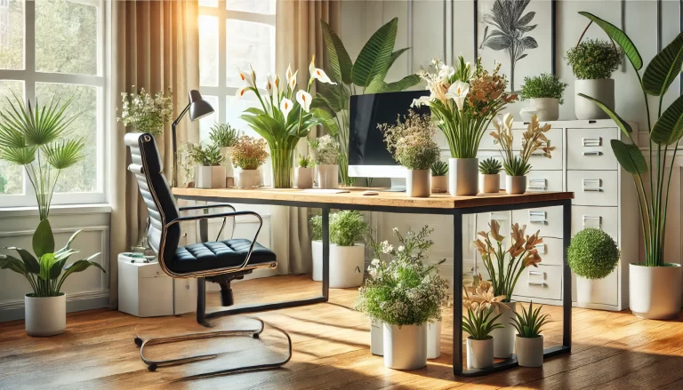 Decoração de escritórios com flores, criando um ambiente produtivo e agradável.