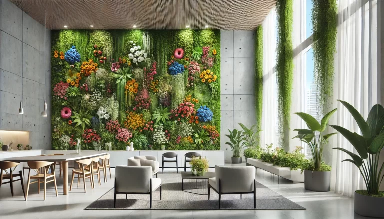 Paredes vivas com flores, criando um ambiente moderno e sustentável.
