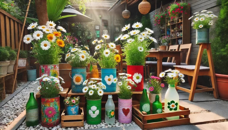 Vasos reciclados mostrando que é possível plantar margaridas