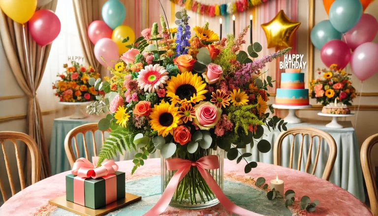 Arranjos de flores para festas de aniversário.