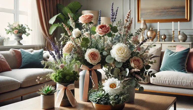 Uma decoração natural feita com um vaso e diversas flores artificiais.