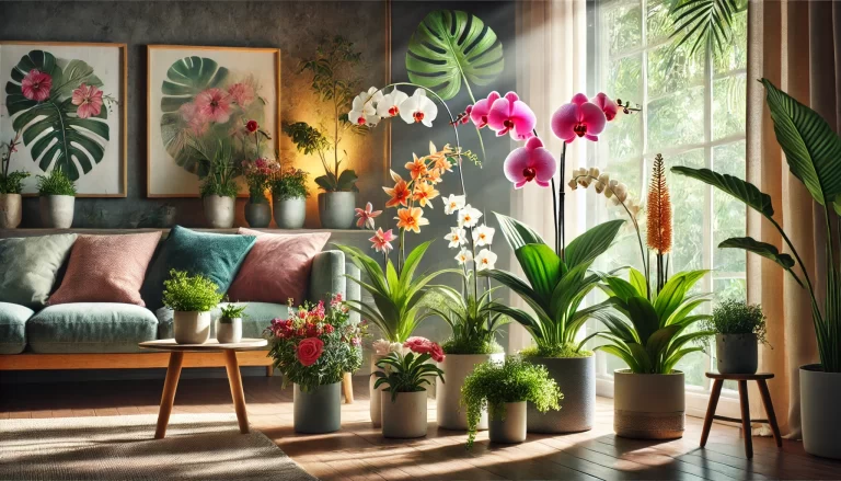 Flores tropicais coloridas em vasos numa sala