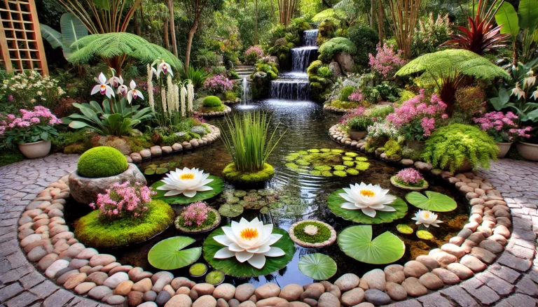 Um lago repleto de flores exóticas