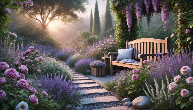Uma área de descanso aconchegante em um jardim repleto de flores