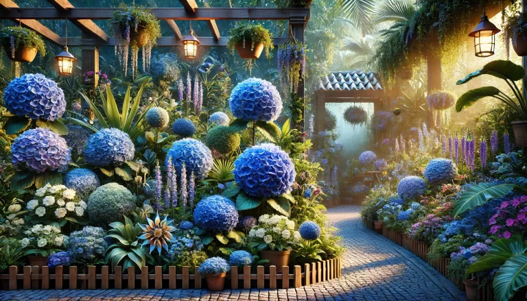 Lindo jardim repleto de flores azuis