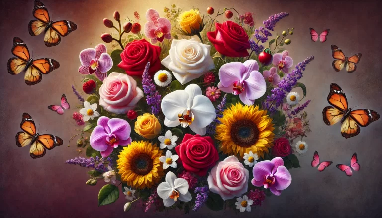 Ilustração vibrante e realista de um arranjo de flores demostrando simbolismo e seus significados ocultos