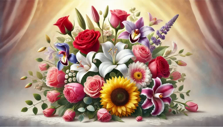 Flores e seus Significados: arranjo floral vibrante, apresentando rosas vermelhas (amor e paixão), lírios brancos (pureza e renovação), girassóis amarelos (felicidade e positividade), tulipas rosas (afeto e gratidão) e orquídeas roxas (elegância e admiração)