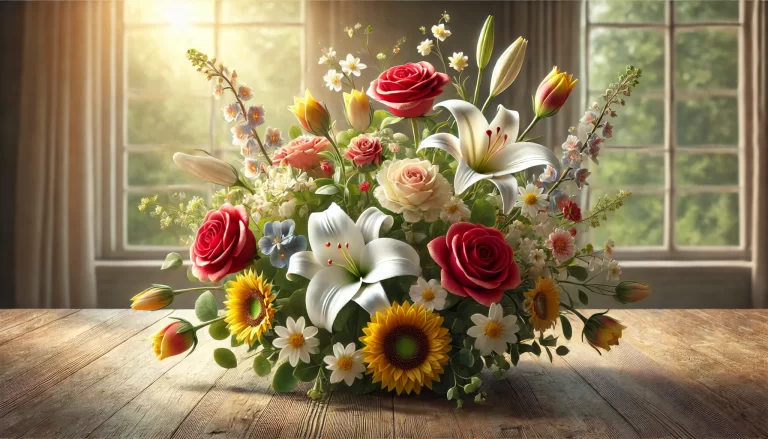 Linguagem das Flores: Buquê de flores variadas com rosas vermelhas, lírios brancos, tulipas amarelas, girassóis e orquídeas sobre uma mesa de madeira.