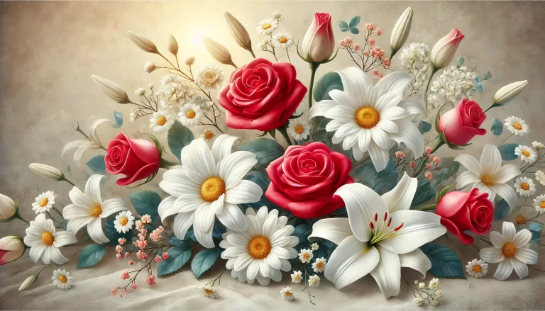 Flores que representam amor: Arranjo floral com rosas vermelhas, margaridas e lírios brancos.
