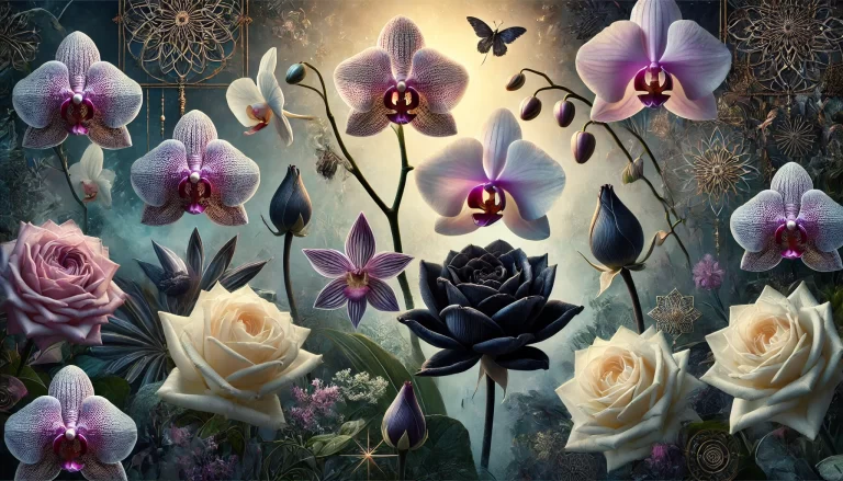 Arranjo de flores raras como orquídea fantasma, lótus negro e rosa negra, representando beleza e mistério