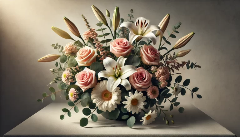 Arranjo de flores para buquês com rosas, lírios e margaridas, simbolizando amor, pureza e amizade