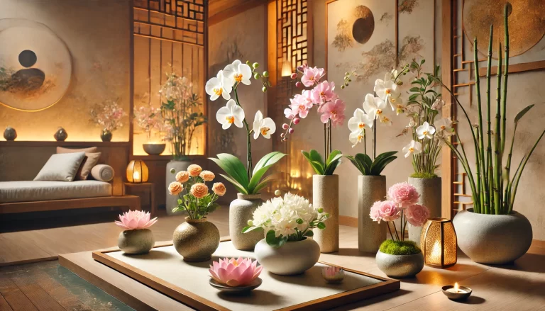 Flores harmoniosas em um ambiente Feng Shui para atrair energias positivas.