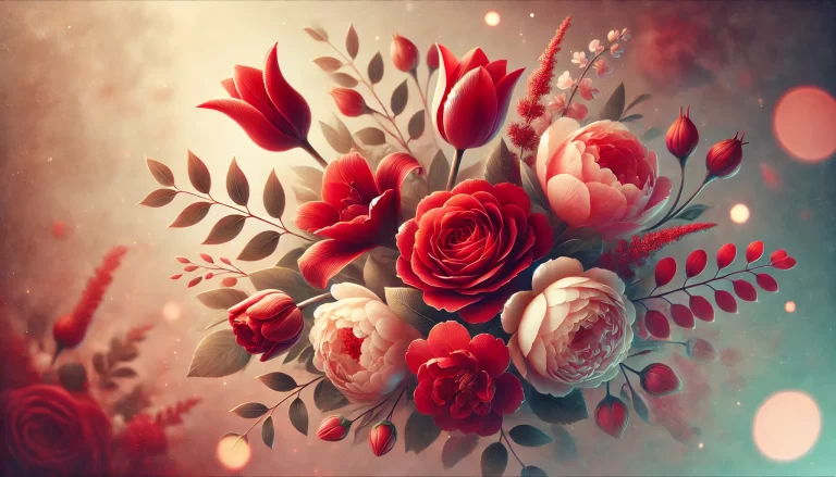 Bouquet representando o significado das flores no amor, com rosas, tulipas e peônias.