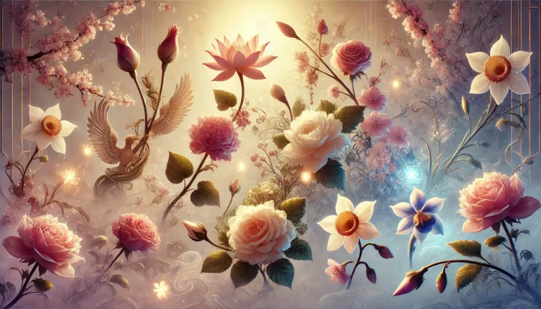 Ilustração de flores relacionadas à mitologia, como lótus, rosas, cerejeiras e narcisos.