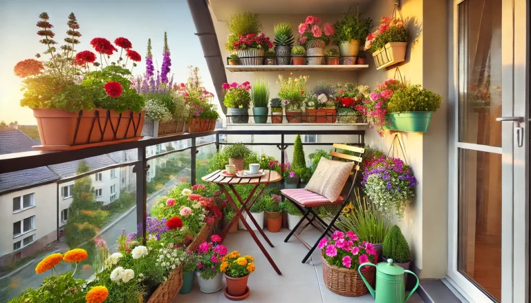 Flores para varandas em vasos coloridos, criando um espaço acolhedor