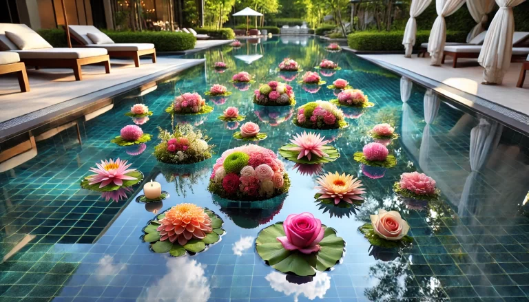 Arranjos flutuantes de flores em piscina, criando um ambiente sereno.