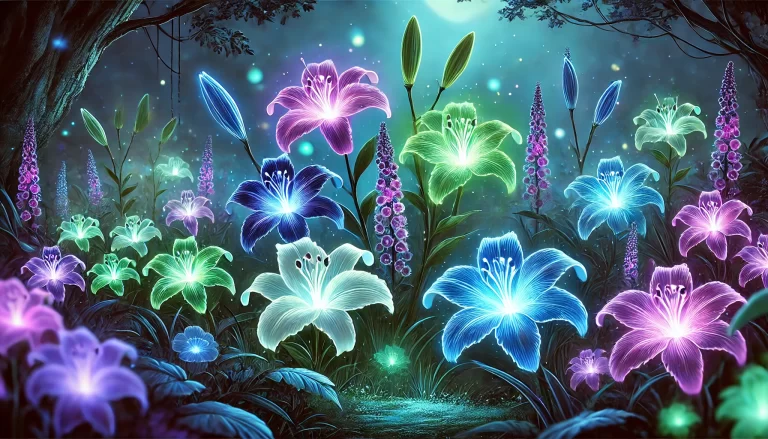 Jardim noturno com flores que brilham, destacando tons azulados e violetas.