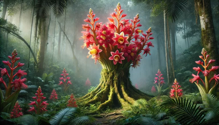 Caulifloria: Árvore cauliflora com flores coloridas brotando diretamente do tronco em uma floresta tropical.