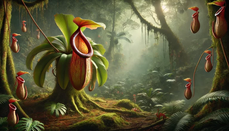 Plantas carnívoras em uma floresta tropical, com um grande jarro aberto.
