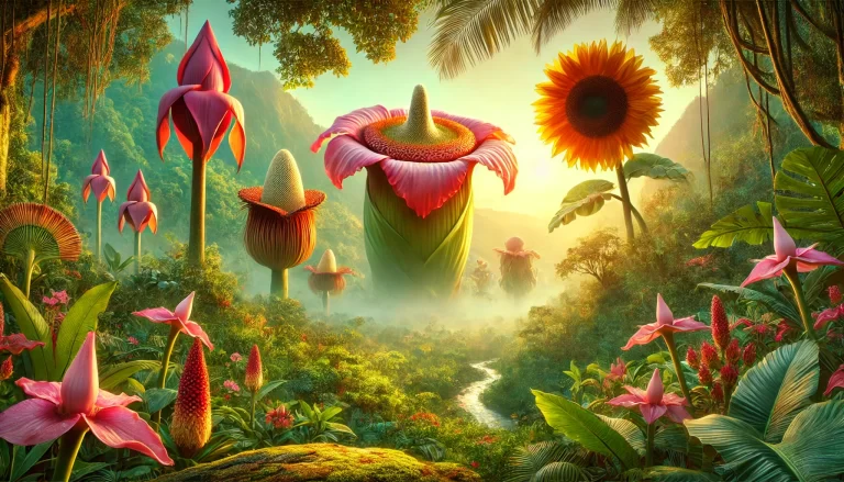 Flores gigantes em uma paisagem exuberante e misteriosa