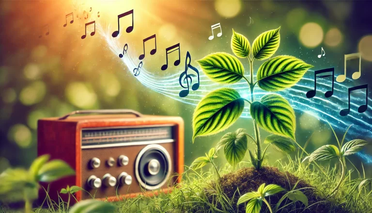 Imagem de um rádio representando música e crescimento das plantas