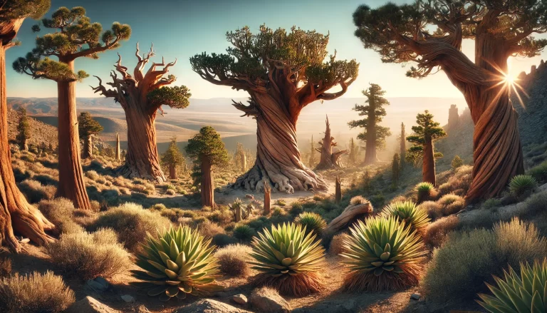 Plantas mais antigas do mundo em paisagens naturais, destacando sua longevidade.