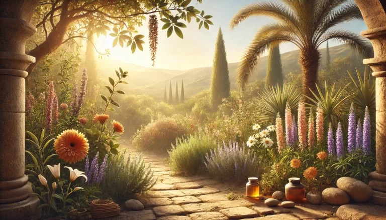 Jardim bíblico com ervas e flores citadas na bíblia sob luz dourada.