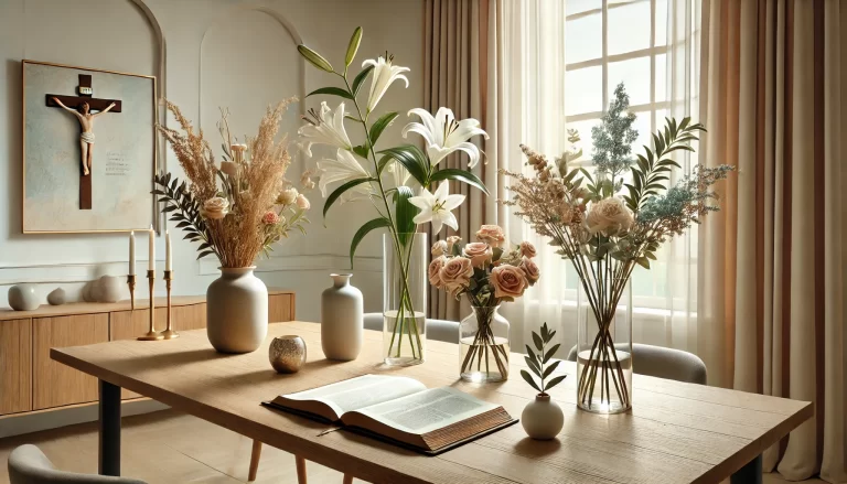 Decoração moderna com flores bíblicas e simbolismo em um ambiente elegante.