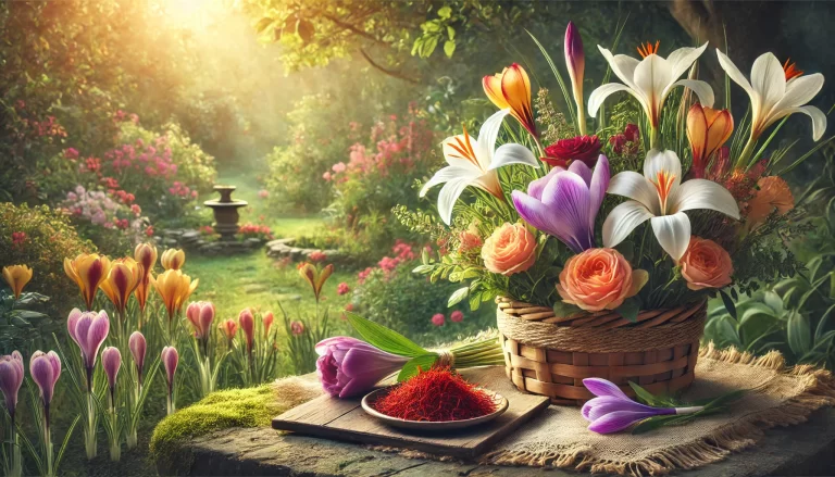 Jardim com lírios e flores bíblicas, criando um ambiente natural e acolhedor.