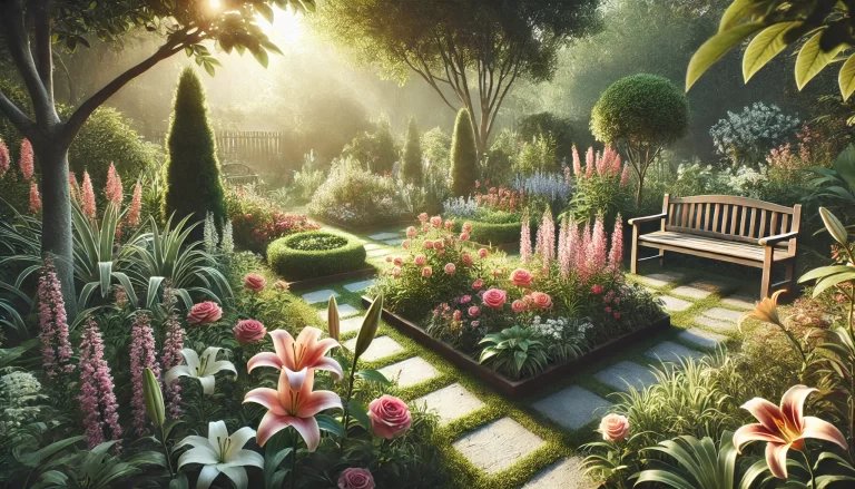 Ideia para criar um jardim tranquilo com flores bíblicas, como lírios e rosas, em ambiente sereno.