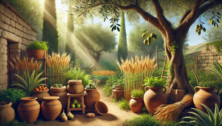 Plantas mais citadas na bíblia como: oliveiras, figueiras e trigo cultivados de forma tradicional.