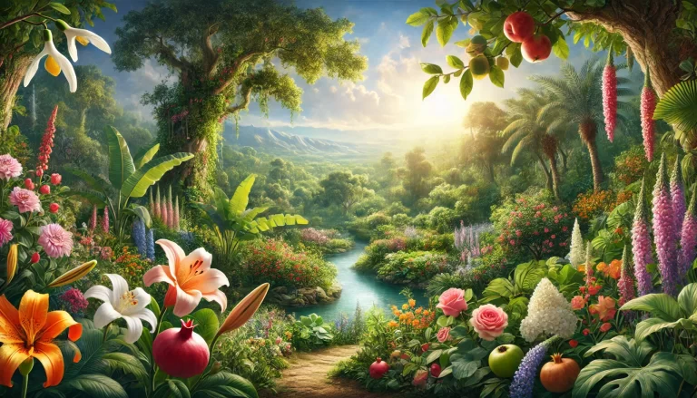 Jardim do Éden inspirado com flores tropicais, árvores e um rio sereno.