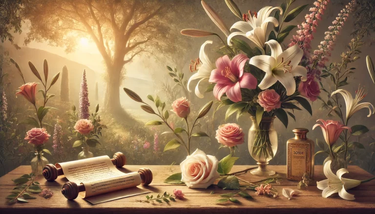 Um jardim sereno mostrando a simbologia das flores na bíblia.