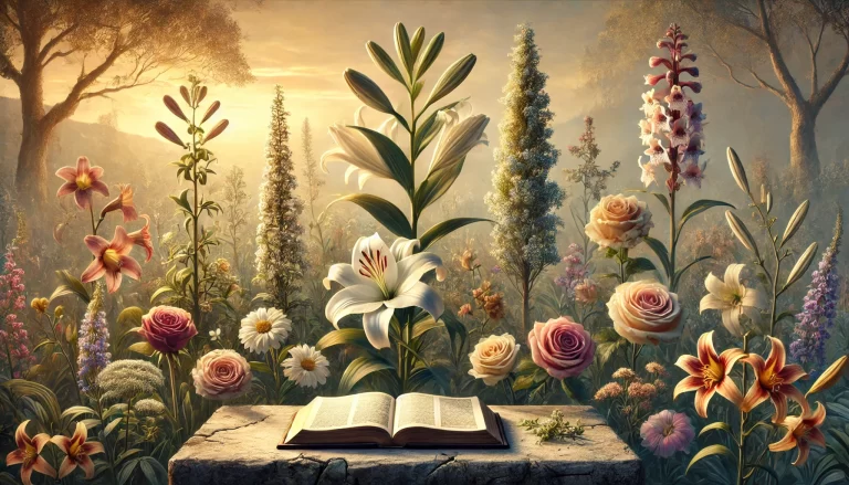 Jardim simbólico mostrando flores e espiritualidade na bíblia.