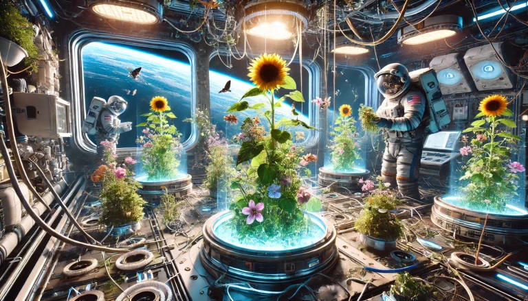Flores crescem no espaço em ambiente de gravidade zero, flutuando no ar.