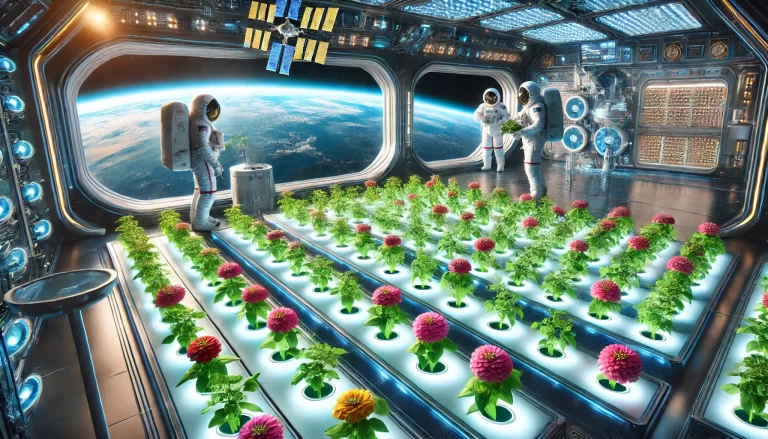 Astronautas no cultivo de flores no espaço com sistemas hidropônicos.