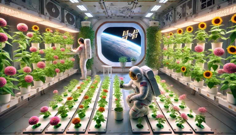Astronautas interagindo com flores no espaço em ambiente de gravidade zero.