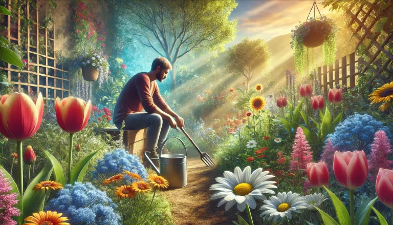 Flores e bem-estar: pessoa cuidando de flores em jardim, promovendo relaxamento e tranquilidade.