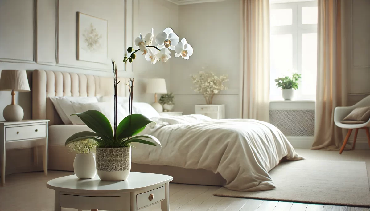 Plantas floridas para o quarto: cama leve com uma única planta, criando um ambiente relaxante