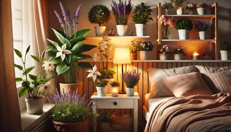 Plantas floridas para o quarto: cama leve com uma única planta, criando um ambiente relaxante