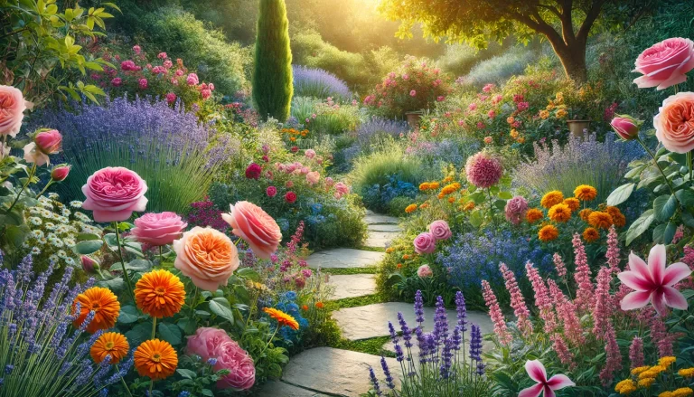 Jardim vibrante com as melhores flores para cultivar o ano todo, incluindo rosas e margaridas.