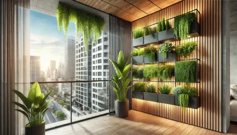 Jardim vertical em uma varanda urbana moderna com plantas verdes organizadas.