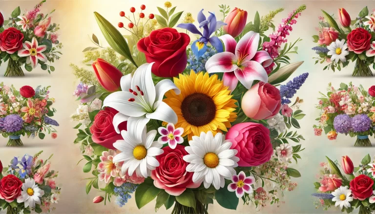 Belíssimo arranjo com 7 tipos de flores para presentear, incluindo rosas, lírios, girassóis e orquídeas.