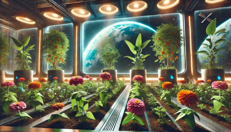 Flores no espaço crescendo em uma estação espacial futurista, com a Terra visível ao fundo.