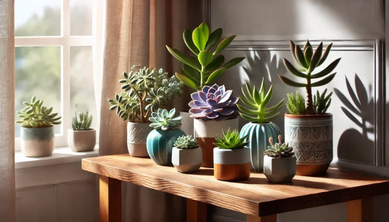 Suculentas em vasos decorativos perto de uma janela iluminada, destacando os benefícios das suculentas para o ambiente.