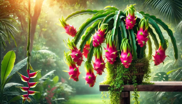 Pitaya crescendo em um jardim com frutos maduros pendurados.