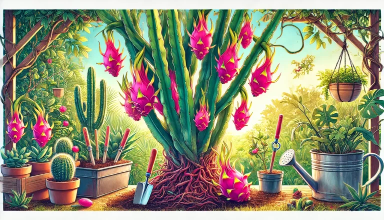 Como plantar pitaya – imagem mostrando uma planta de pitaya saudável crescendo no solo e em um vaso.