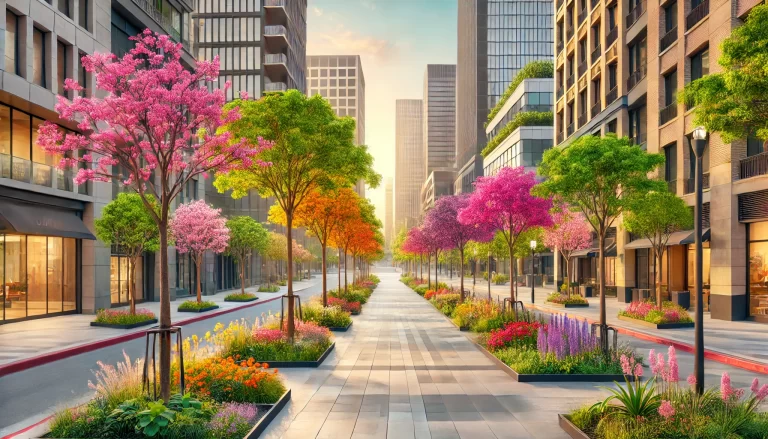 Árvores floridas para calçadas em uma rua arborizada, proporcionando sombra e beleza urbana.