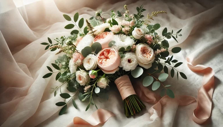 Buquê de casamento elegante com rosas e peônias.